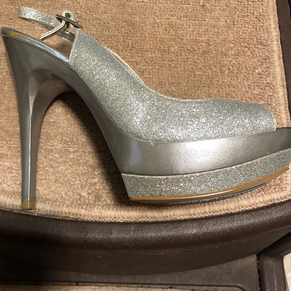 Bakers Flash Silver Glitter Peep-Toes Stilettos